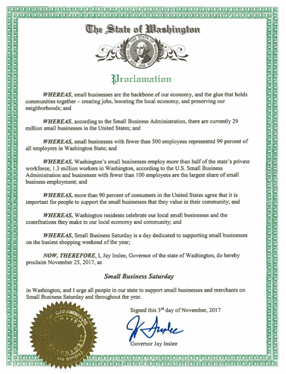 Governor Proclaims November 25 Small Business Saturday